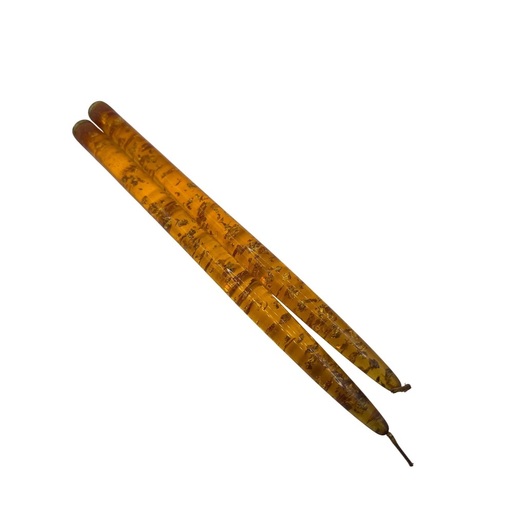 Vintage Hempstead Creations Amber Lucite Gold Leaf 12" Taper Candles Pair‎ MCM